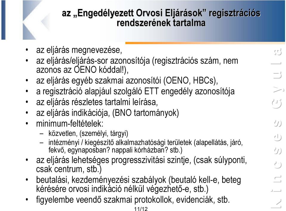 minimum-feltételek: közvetlen, (személyi, tárgyi) intézményi / kiegészítő alkalmazhatósági területek (alapellátás, járó, fekvő, egynaposban? nappali kórházban? stb.