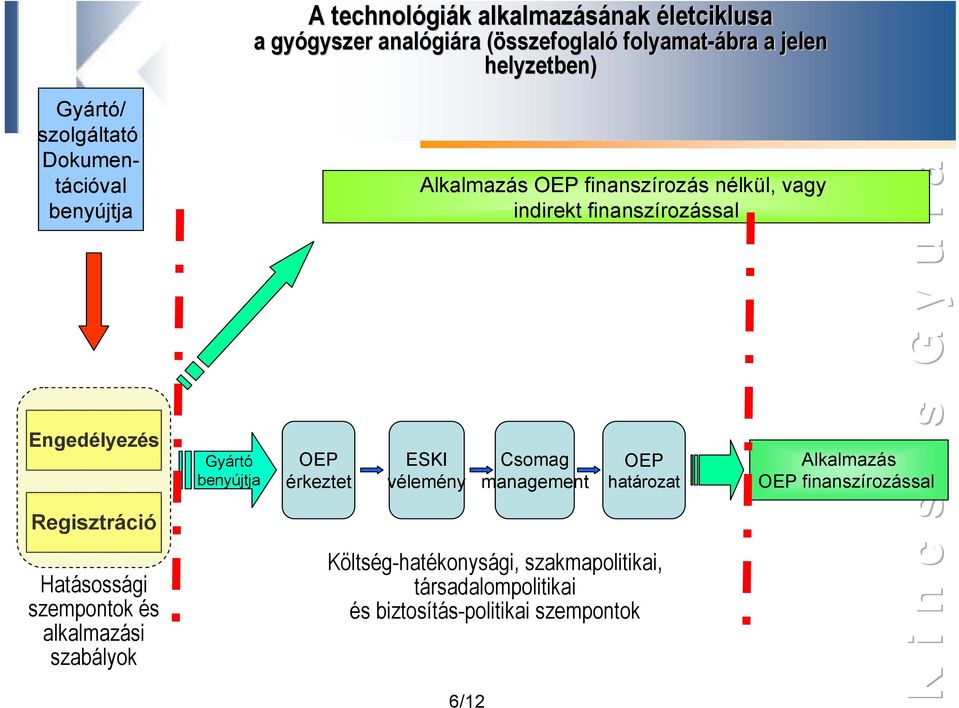 Gyártó benyújtja OEP érkeztet Alkalmazás OEP finanszírozás nélkül, vagy indirekt finanszírozással ESKI vélemény 6/12 Csomag