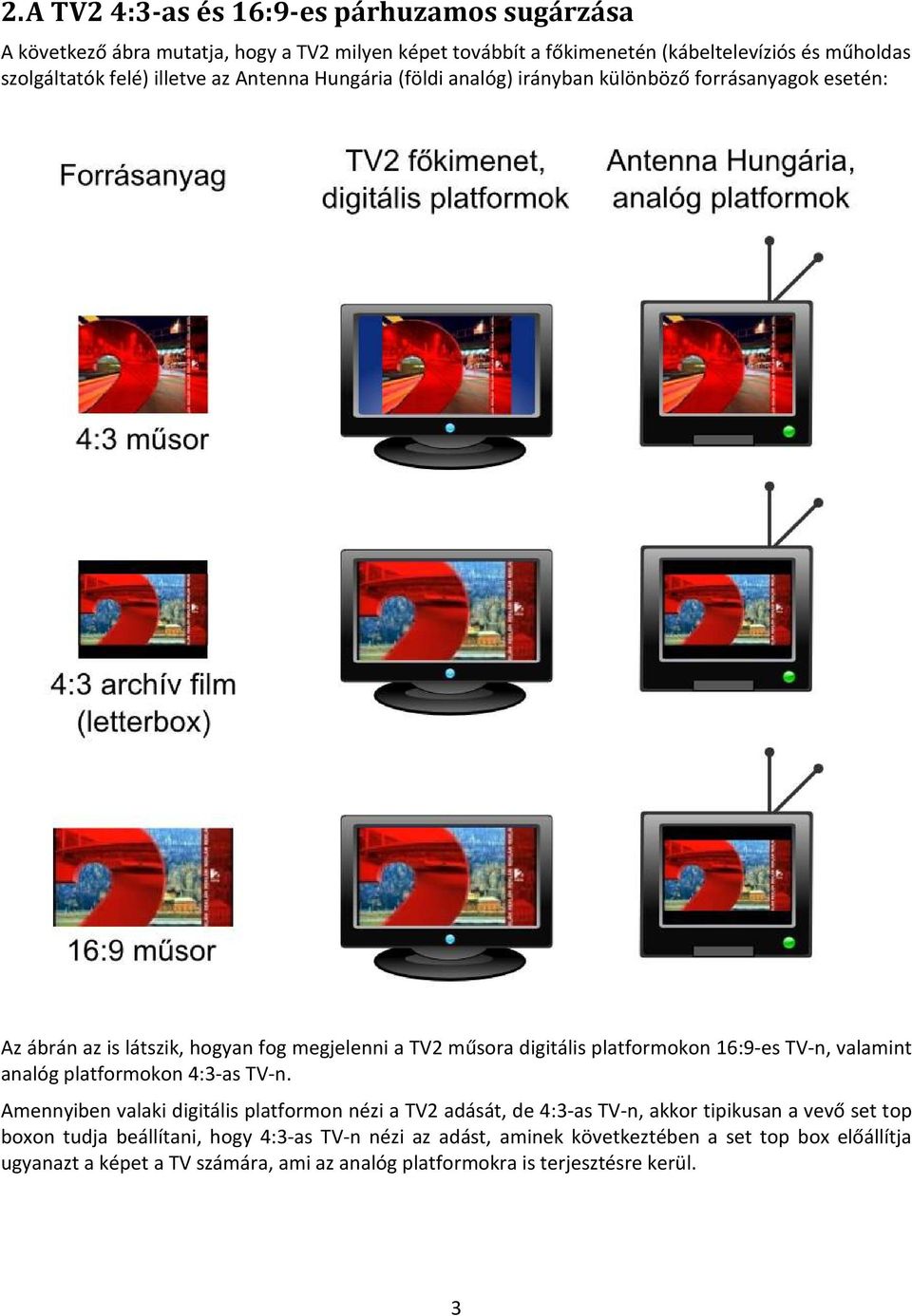 16:9-es TV-n, valamint analóg platformokon 4:3-as TV-n.