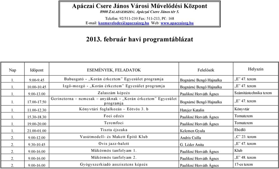 00 Zalaszám képzés Paulikné Horváth Ágnes Számítástechnika terem 1. 17.00-17.50 1. 11.00-12.30 Könyvtári foglalkozás Eötvös 3. b Hatejer Katalin Könyvtár 1. 15.30-18.