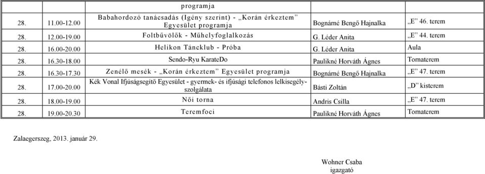 00 Sendo-Ryu KarateDo Paulikné Horváth Ágnes Tornaterem 28. 16.30-17.30 Zenélő mesék - Korán érkeztem Egyesület 28. 17.00-20.00 28. 18.00-19.