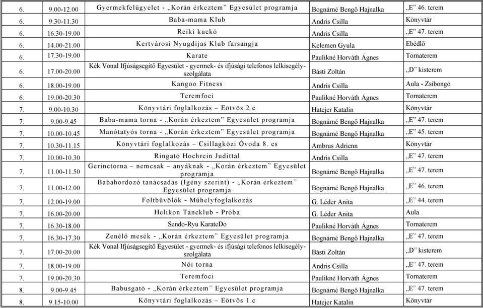 00 Kangoo Fitness Andris Csilla Aula - Zsibongó 6. 19.00-20.30 Teremfoci Paulikné Horváth Ágnes Tornaterem 7. 9.00-10.30 Könyvtári foglalkozás Eötvös 2.c Hatejer Katalin Könyvtár 7. 9.00-9.