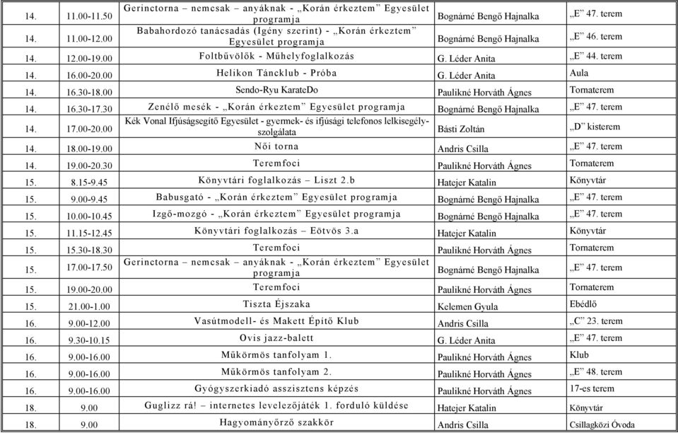 30 Zenélő mesék - Korán érkeztem Egyesület 14. 17.00-20.00 14. 18.00-19.00 Női torna Andris Csilla E 47. terem 14. 19.00-20.30 Teremfoci Paulikné Horváth Ágnes Tornaterem 15. 8.15-9.