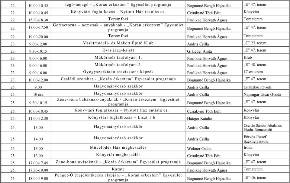 terem 23. 9.30-10.15 Ovis jazz-balett G. Léder Anita E 47. terem 23. 9.00-16.00 Műkörmös tanfolyam 1. Paulikné Horváth Ágnes Klub 23. 9.00-16.00 Műkörmös tanfolyam 2. Paulikné Horváth Ágnes E 48.