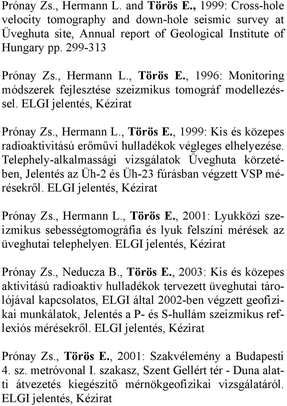 Telephely-alkalmassági vizsgálatok Üveghuta körzetében, Jelentés az Üh-2 és Üh-23 fúrásban végzett VSP mérésekről. ELGI jelentés, Kézirat Prónay Zs., Hermann L., Törös E.
