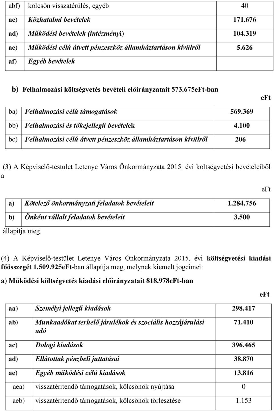 100 bc) Felhalmozási célú átvett pénzeszköz államháztartáson kívülről 206 (3) A Képviselő-testület Letenye Város Önkormányzata 2015.
