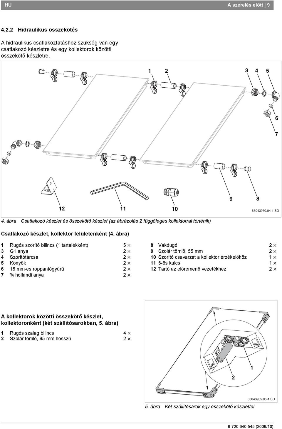 ábra) Rugós szorító bilincs ( tartalékként) 5 8 Vakdugó 3 G anya 9 Szolár tömlő, 55 mm 4 Szorítótárcsa 0 Szorító csavarzat a kollektor érzékelőhöz 5 Könyök 5-ös kulcs 6 8 mm-es roppantógyűrű Tartó az