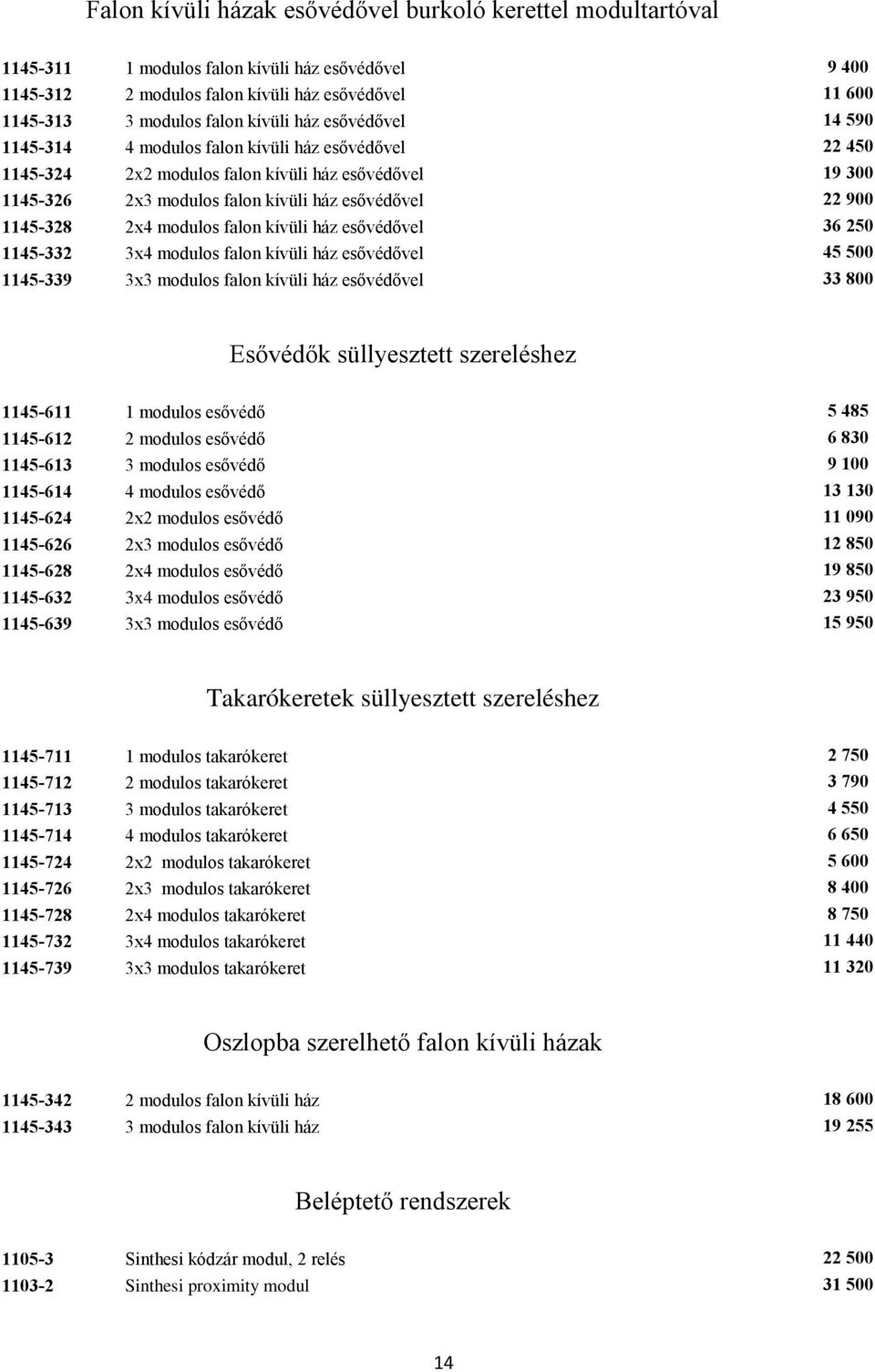 2x4 modulos falon kívüli ház esővédővel 36 250 1145-332 3x4 modulos falon kívüli ház esővédővel 45 500 1145-339 3x3 modulos falon kívüli ház esővédővel 33 800 Esővédők süllyesztett szereléshez