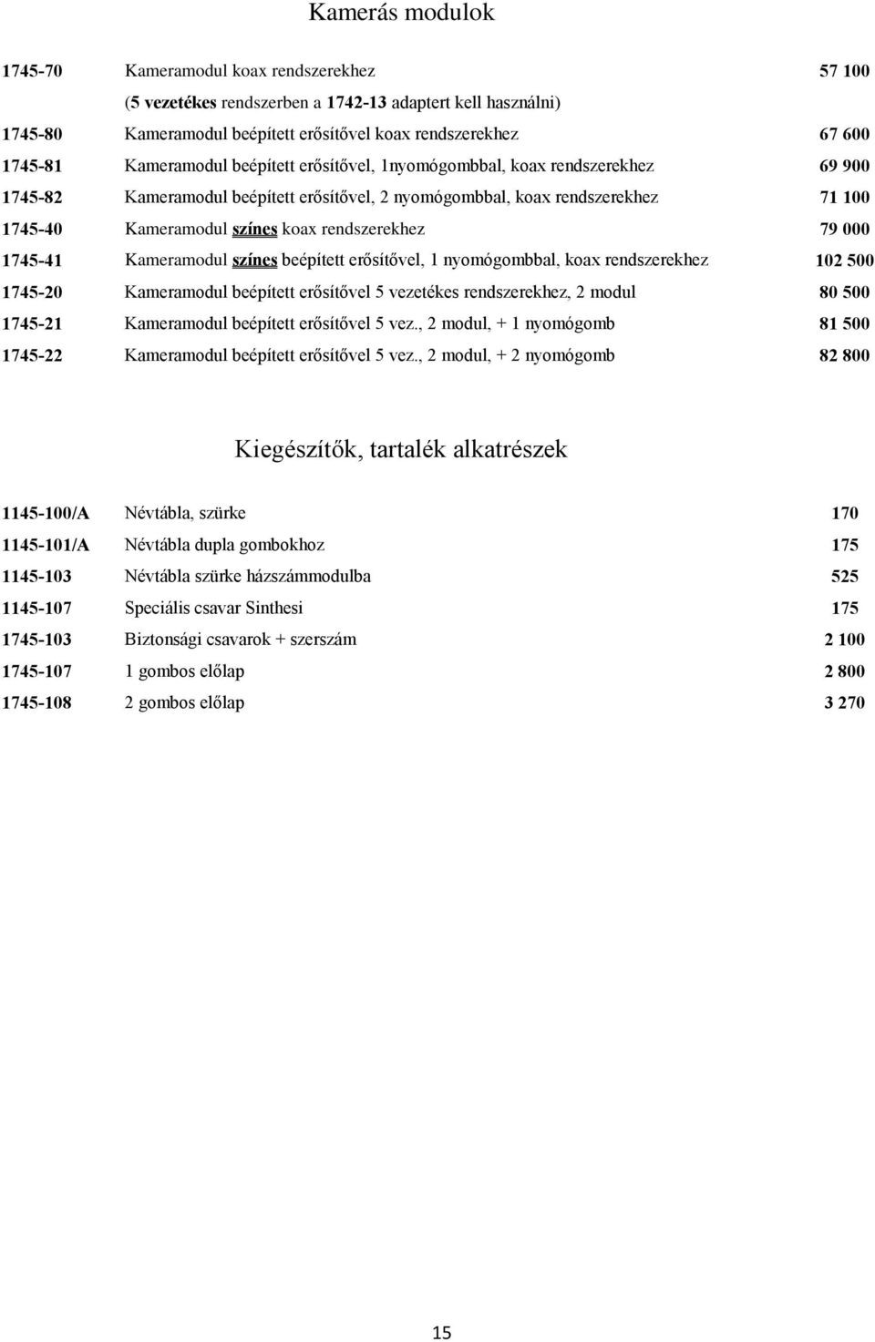 rendszerekhez 79 000 1745-41 Kameramodul színes beépített erősítővel, 1 nyomógombbal, koax rendszerekhez 102 500 1745-20 Kameramodul beépített erősítővel 5 vezetékes rendszerekhez, 2 modul 80 500