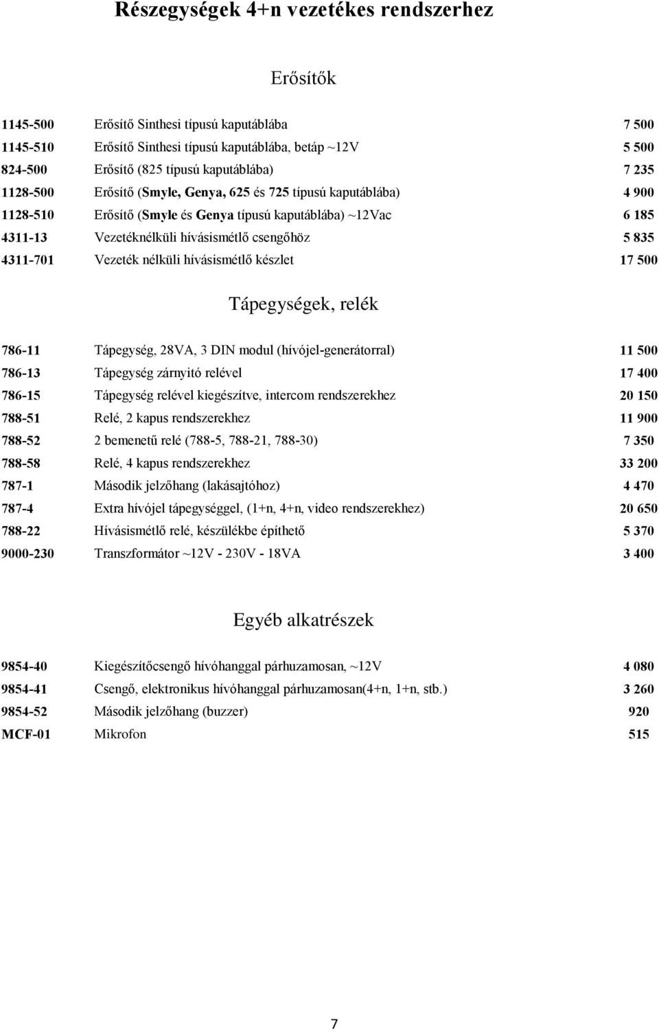 5 835 4311-701 Vezeték nélküli hívásismétlő készlet 17 500 Tápegységek, relék 786-11 Tápegység, 28VA, 3 DIN modul (hívójel-generátorral) 11 500 786-13 Tápegység zárnyitó relével 17 400 786-15