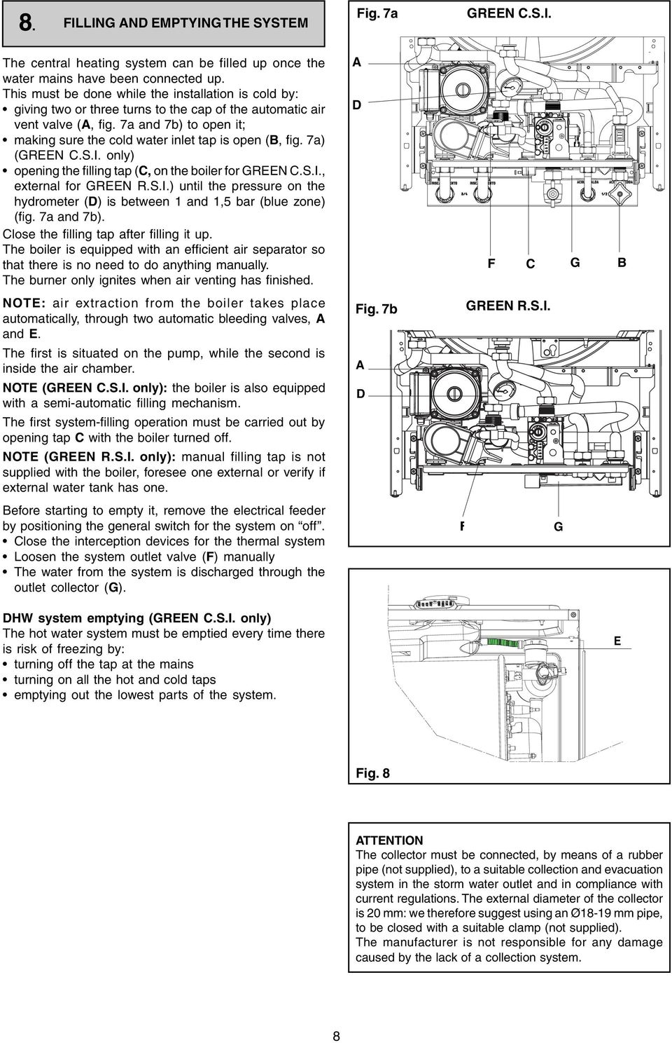 7a and 7b) to open it; making sure the cold water inlet tap is open (B, fig. 7a) (GREEN C.S.I. only) opening the filling tap (C, on the boiler for GREEN C.S.I., external for GREEN R.S.I.) until the pressure on the hydrometer (D) is between 1 and 1,5 bar (blue zone) (fig.