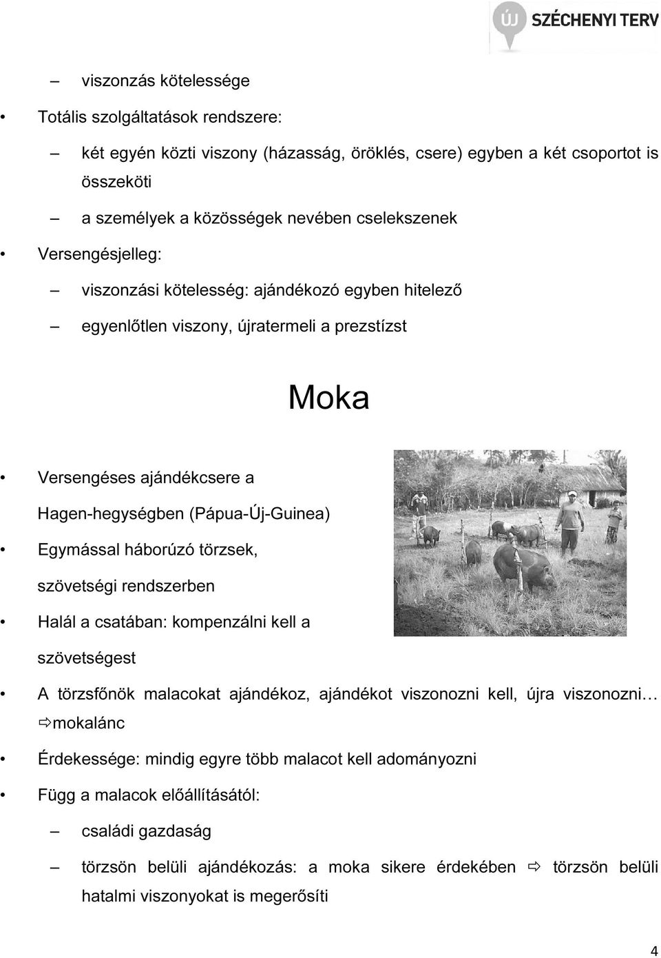 háborúzó törzsek, szövetségi rendszerben Halál a csatában: kompenzálni kell a szövetségest A törzsfőnök malacokat ajándékoz, ajándékot viszonozni kell, újra viszonozni mokalánc Érdekessége: