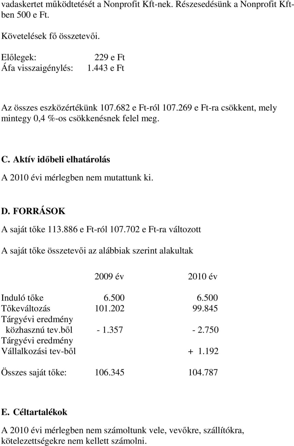 886 e Ft-ról 107.702 e Ft-ra változott A saját tıke összetevıi az alábbiak szerint alakultak 2009 év 2010 év Induló tıke 6.500 6.500 Tıkeváltozás 101.202 99.845 Tárgyévi eredmény közhasznú tev.