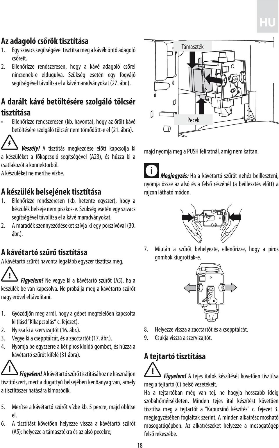 havonta), hogy az őrölt kávé betöltésére szolgáló tölcsér nem tömődött-e el (21. ábra). Támaszték Pecek Veszély!