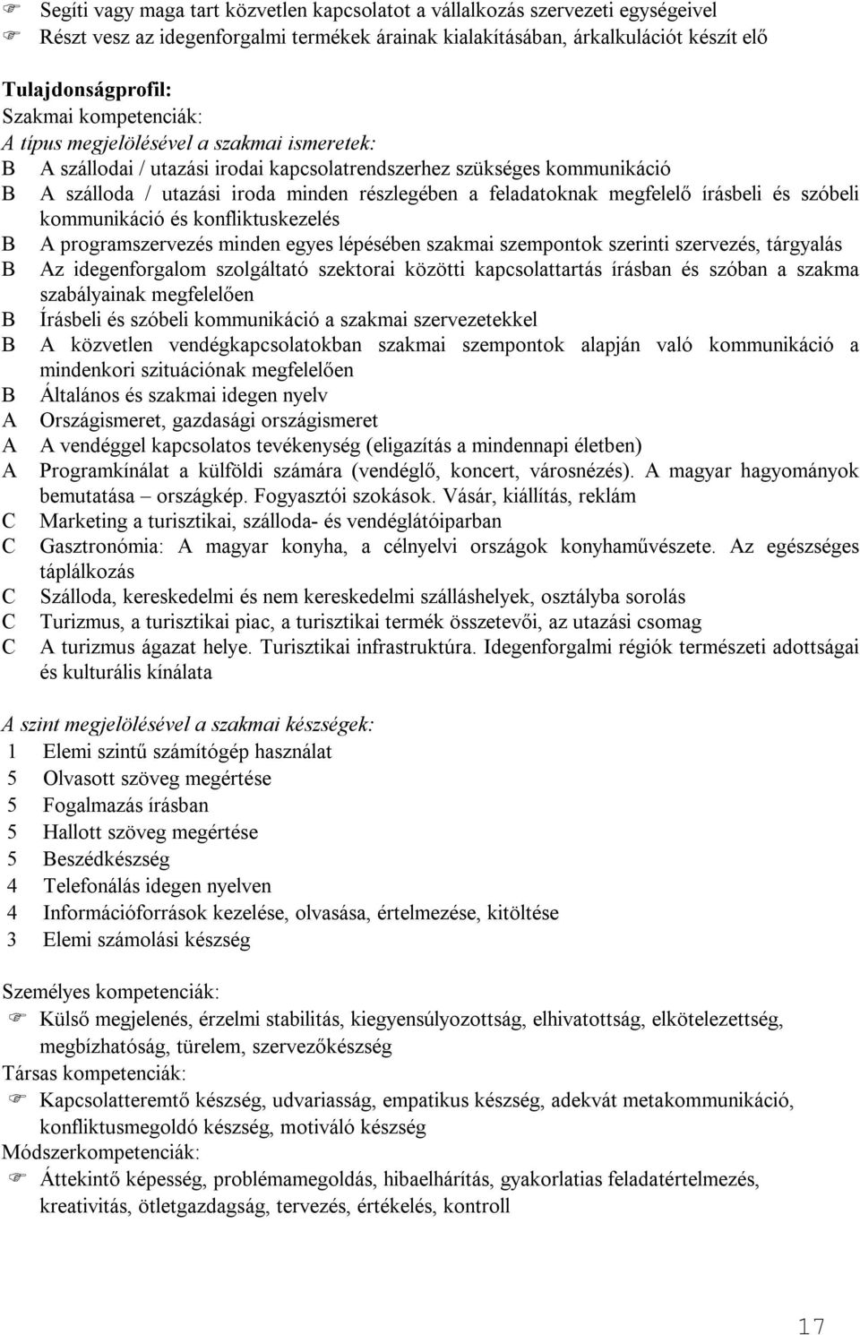 megfelelő írásbeli és szóbeli kommunikáció és konfliktuskezelés B A programszervezés minden egyes lépésében szakmai szempontok szerinti szervezés, tárgyalás B Az idegenforgalom szolgáltató szektorai