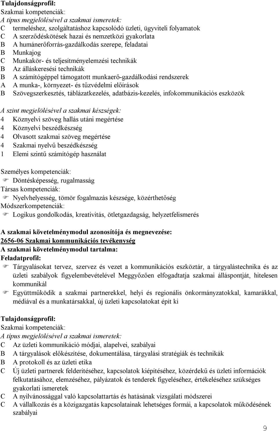 rendszerek A A munka-, környezet- és tűzvédelmi előírások B Szövegszerkesztés, táblázatkezelés, adatbázis-kezelés, infokommunikációs eszközök A szint megjelölésével a szakmai készségek: 4 Köznyelvi
