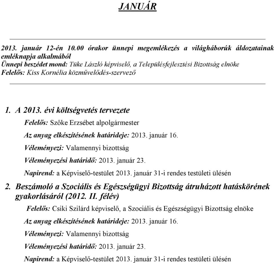 Napirend: a Képviselő-testület 2013. január 31-i rendes testületi ülésén 2. Beszámoló a Szociális és Egészségügyi Bizottság átruházott hatáskörének gyakorlásáról (2012. II.