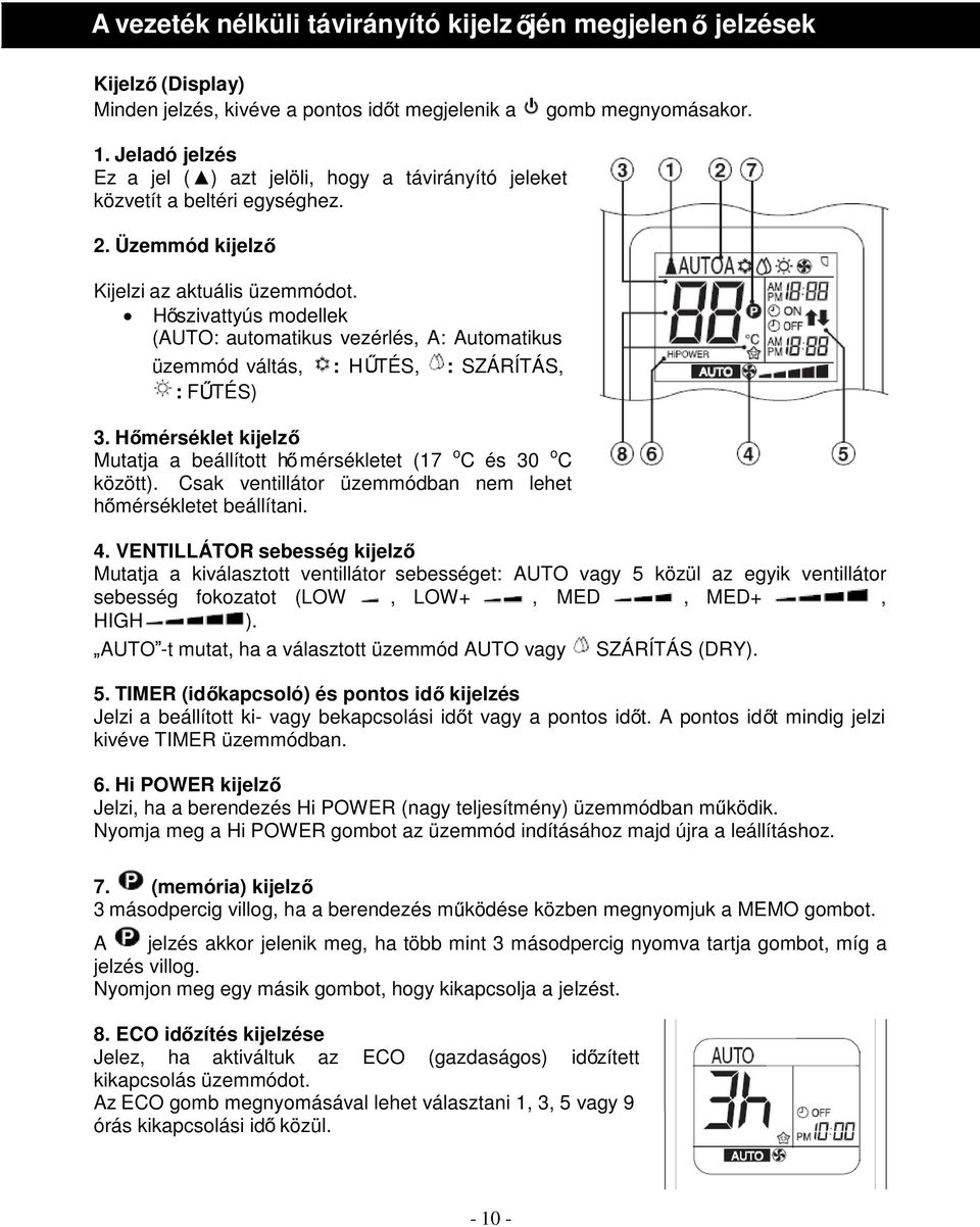 H szivattyús modellek (AUTO: automatikus vezérlés, A: Automatikus üzemmód váltás, : H TÉS, : SZÁRÍTÁS, : F TÉS) 3. H mérséklet kijelz Mutatja a beállított h mérsékletet (17 o C és 30 o C között).