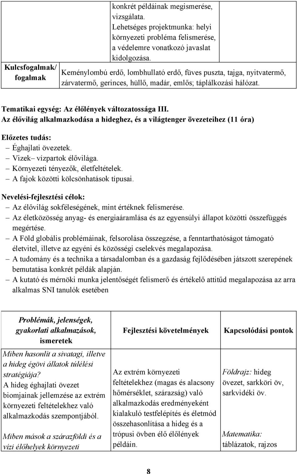 Az élővilág alkalmazkodása a hideghez, és a világtenger övezeteihez (11 óra) Előzetes tudás: Éghajlati övezetek. Vizek vízpartok élővilága. Környezeti tényezők, életfeltételek.