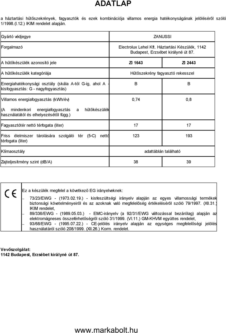 A hűtőkészülék azonosító jele ZI 1643 ZI 2443 A hűtőkészülék kategóriája Hűtőszekrény fagyasztó rekesszel Energiahatékonysági osztály (skála A-tól G-ig, ahol A - kisfogyasztás: G - nagyfogyasztás) B
