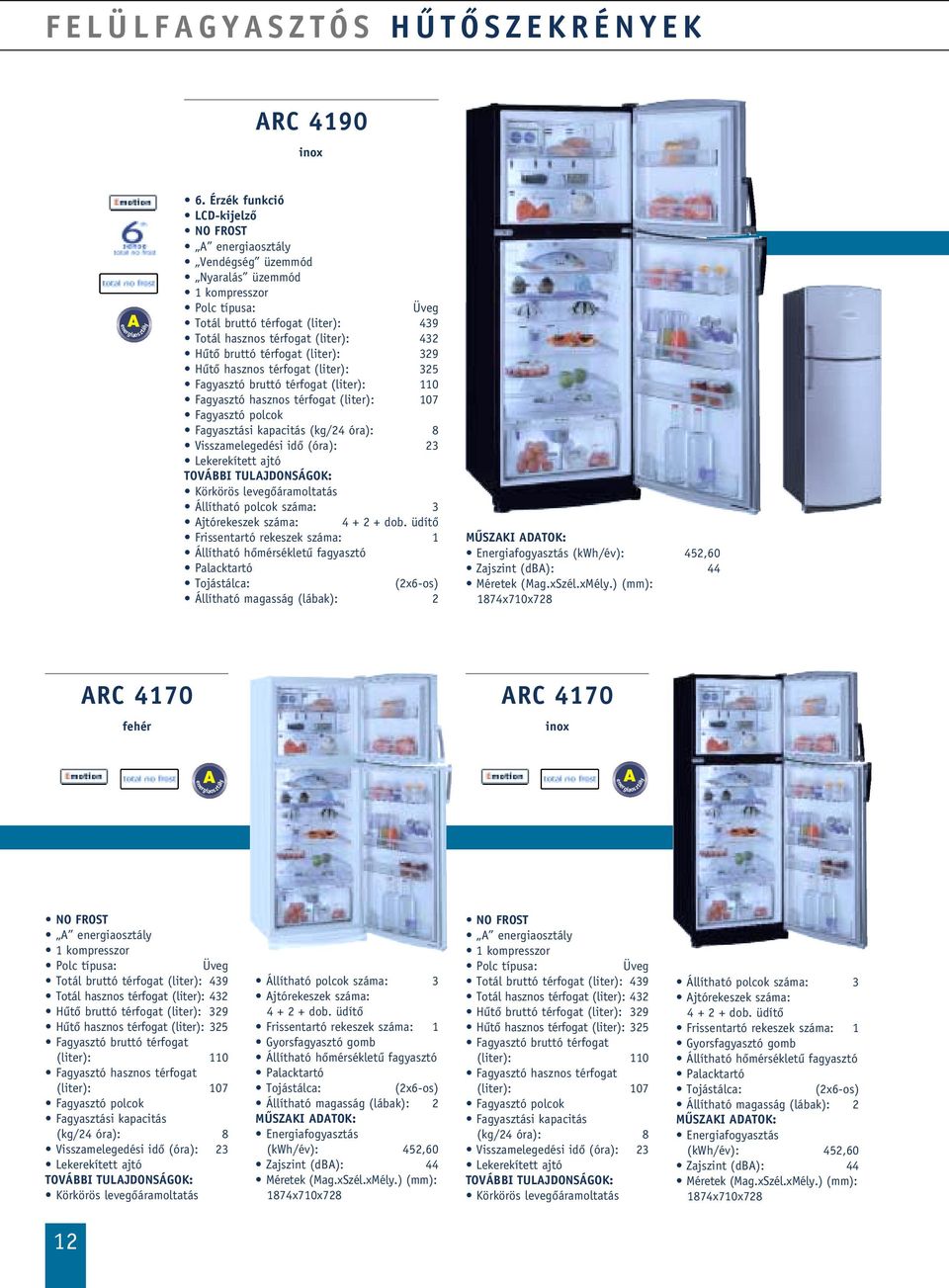 325 (liter): 110 (liter): 107 Fagyasztó polcok (kg/24 óra): 8 Visszamelegedési idô (óra): 23 Körkörös levegôáramoltatás Állítható polcok száma: 3 jtórekeszek száma: 4 + 2 + dob.