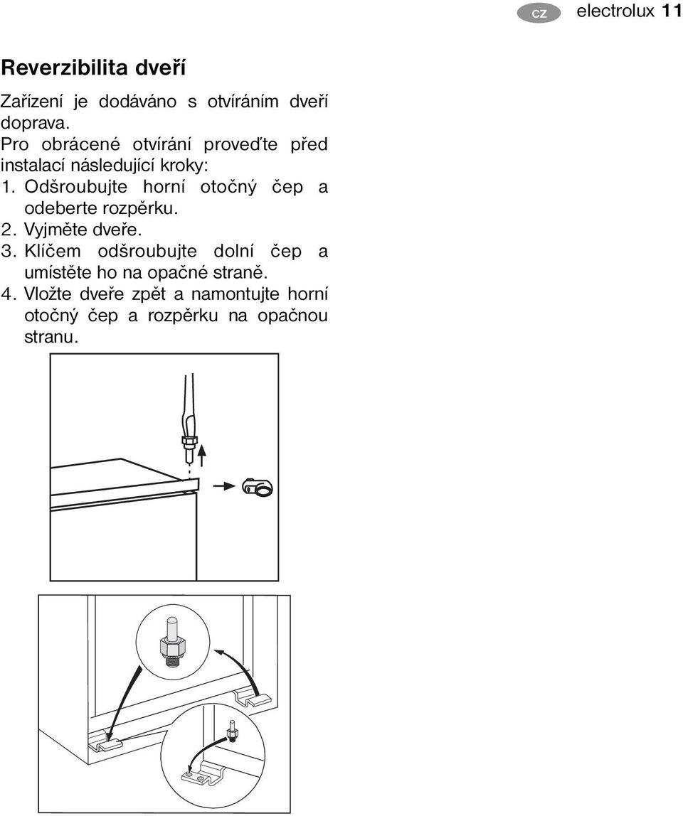 Odšroubujte horní otočný čep a odeberte rozpěrku. 2. Vyjměte dveře. 3.