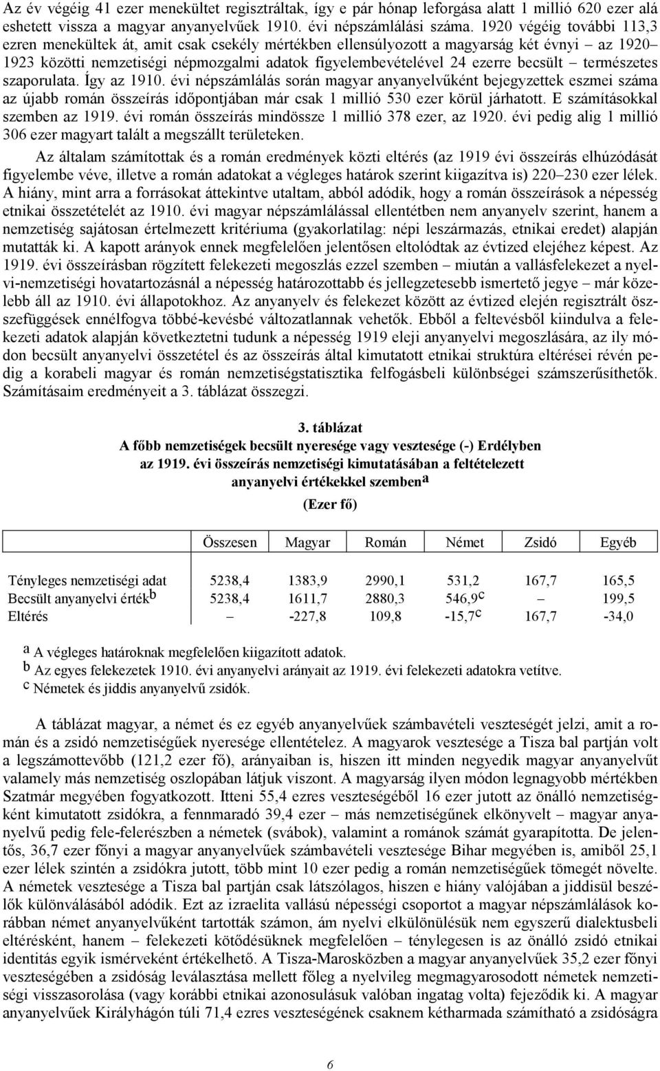 becsült természetes szaporulata. Így az 1910. évi népszámlálás során magyar anyanyelvőként bejegyzettek eszmei száma az újabb román összeírás idıpontjában már csak 1 millió 530 ezer körül járhatott.