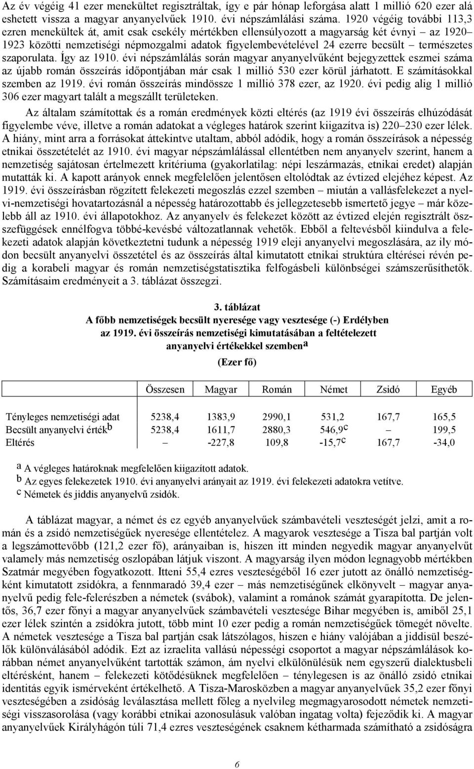 becsült természetes szaporulata. Így az 1910. évi népszámlálás során magyar anyanyelvőként bejegyzettek eszmei száma az újabb román összeírás idıpontjában már csak 1 millió 530 ezer körül járhatott.