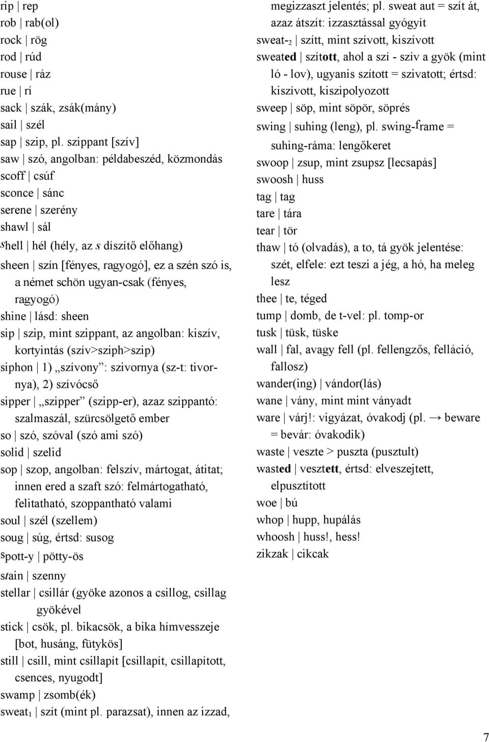 uyan-csak (ényes, rayoó) shine lásd: sheen sip szip, mint szippant, az anolan: kiszív, kortyintás (szív>sziph>szip) siphon 1) szívony : szivornya (sz-t: tivornya), 2) szívócső sipper szipper
