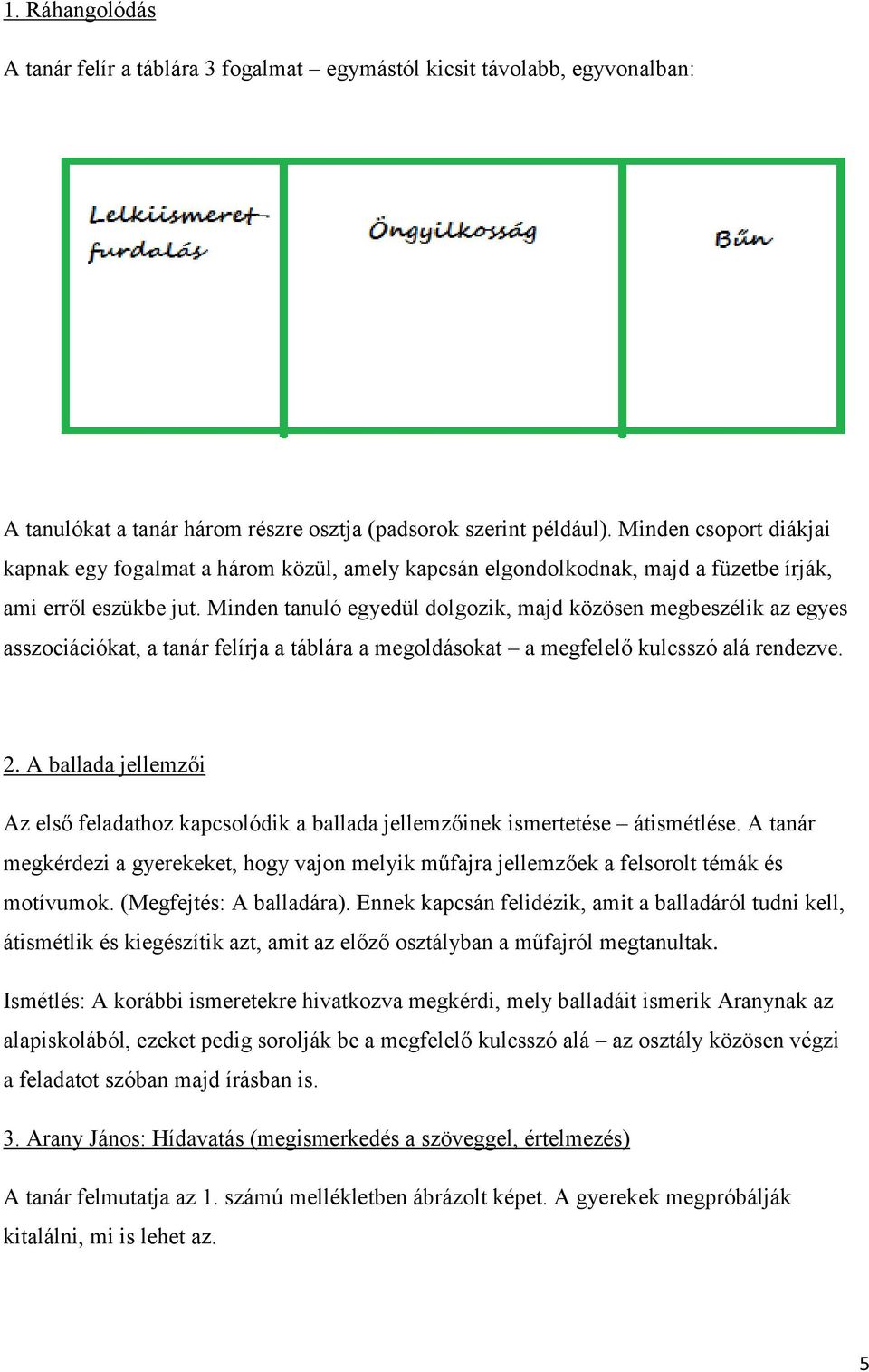 Minden tanuló egyedül dolgozik, majd közösen megbeszélik az egyes asszociációkat, a tanár felírja a táblára a megoldásokat a megfelelő kulcsszó alá rendezve. 2.