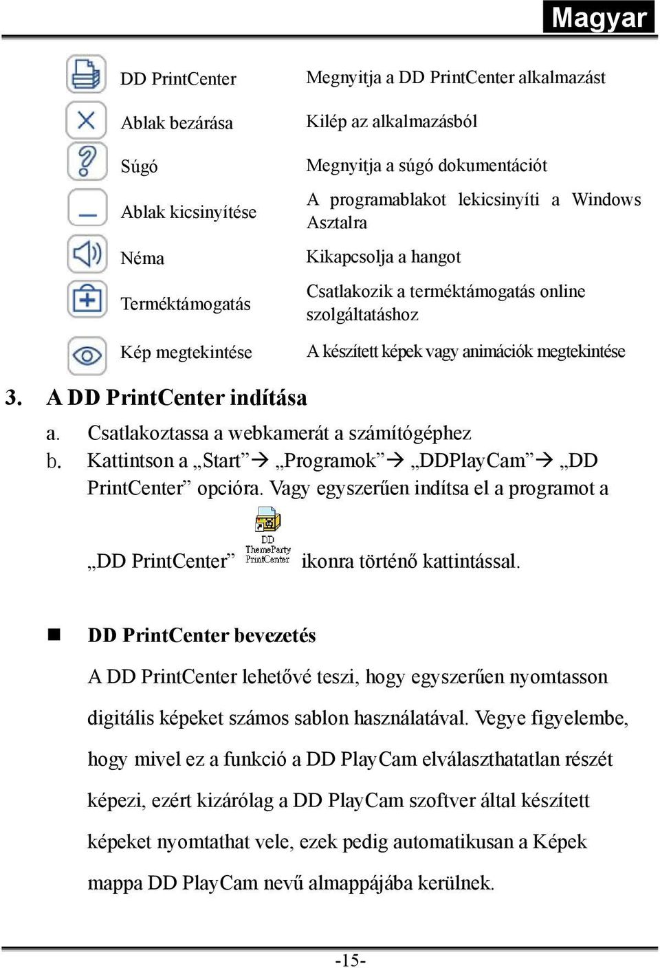 b. Csatlakoztassa a webkamerát a számítógéphez Kattintson a Start Programok DDPlayCam DD PrintCenter opcióra. Vagy egyszerűen indítsa el a programot a DD PrintCenter ikonra történő kattintással.