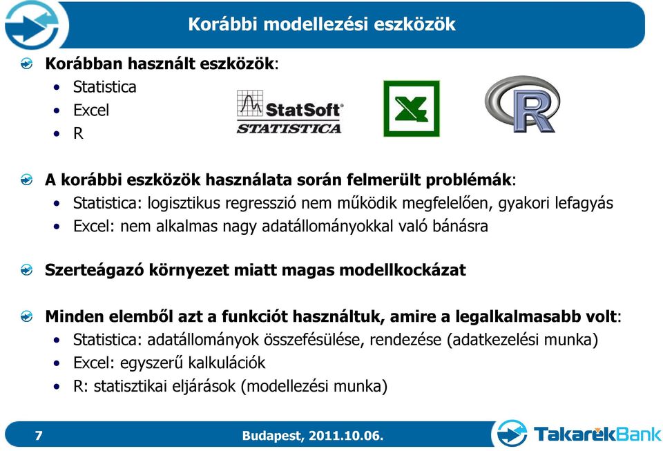 Szerteágazó környezet miatt magas modellkockázat Minden elemből azt a funkciót használtuk, amire a legalkalmasabb volt: Statistica: