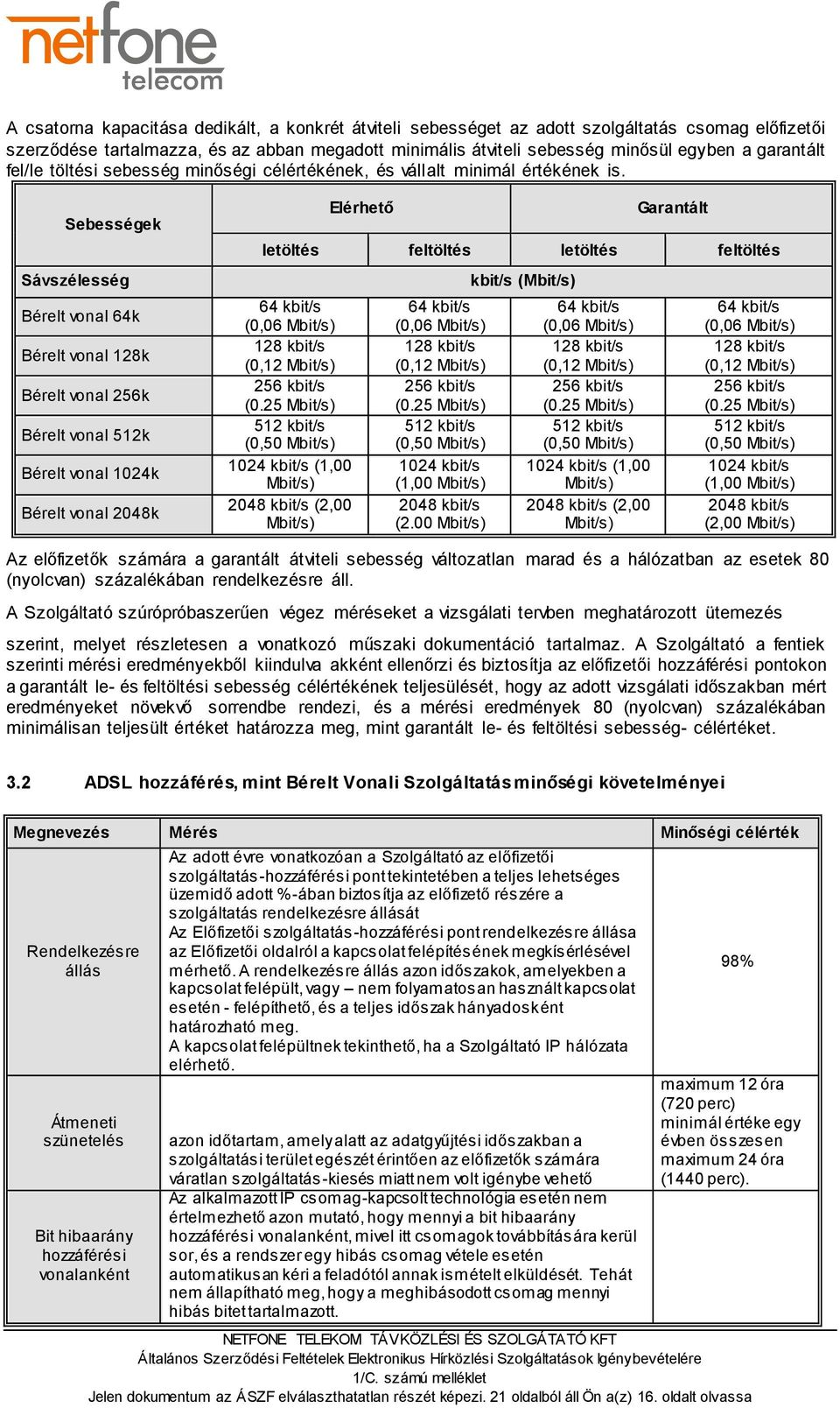 Sebességek Sávszélesség Bérelt vonal 64k Bérelt vonal 128k Bérelt vonal 256k Bérelt vonal 512k Bérelt vonal 1024k Bérelt vonal 2048k Elérhető Garantált letöltés feltöltés letöltés feltöltés 64 kbit/s