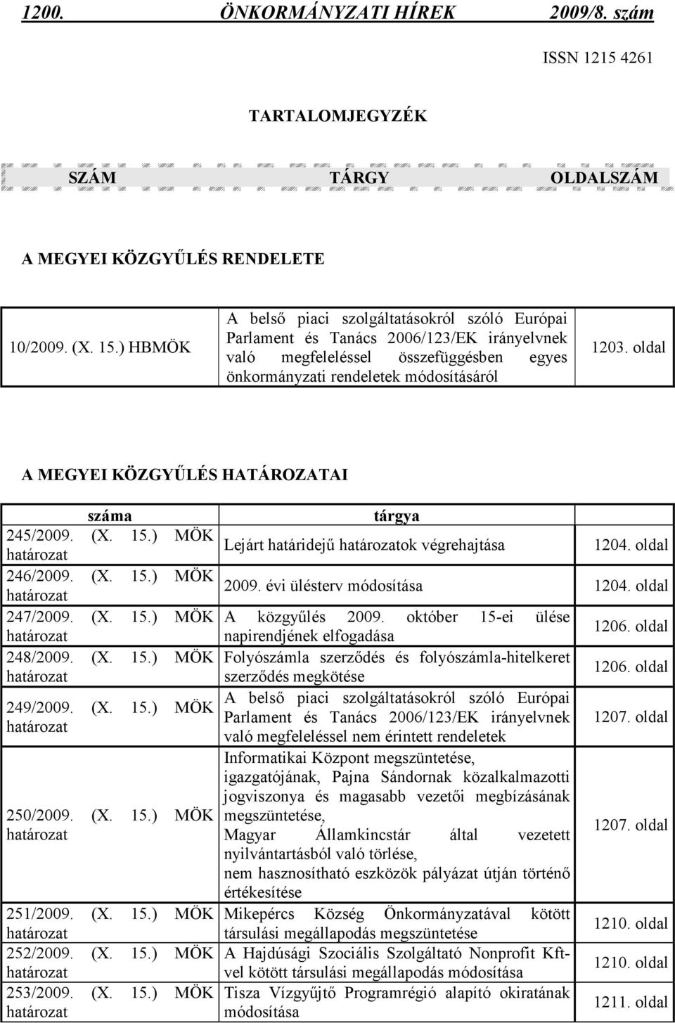 oldal A MEGYEI KÖZGYŐLÉS HATÁROZATAI száma 245/2009. (X. 15.) MÖK 246/2009. (X. 15.) MÖK 247/2009. (X. 15.) MÖK 248/2009. (X. 15.) MÖK 249/2009. (X. 15.) MÖK 250/2009. (X. 15.) MÖK 251/2009. (X. 15.) MÖK 252/2009.