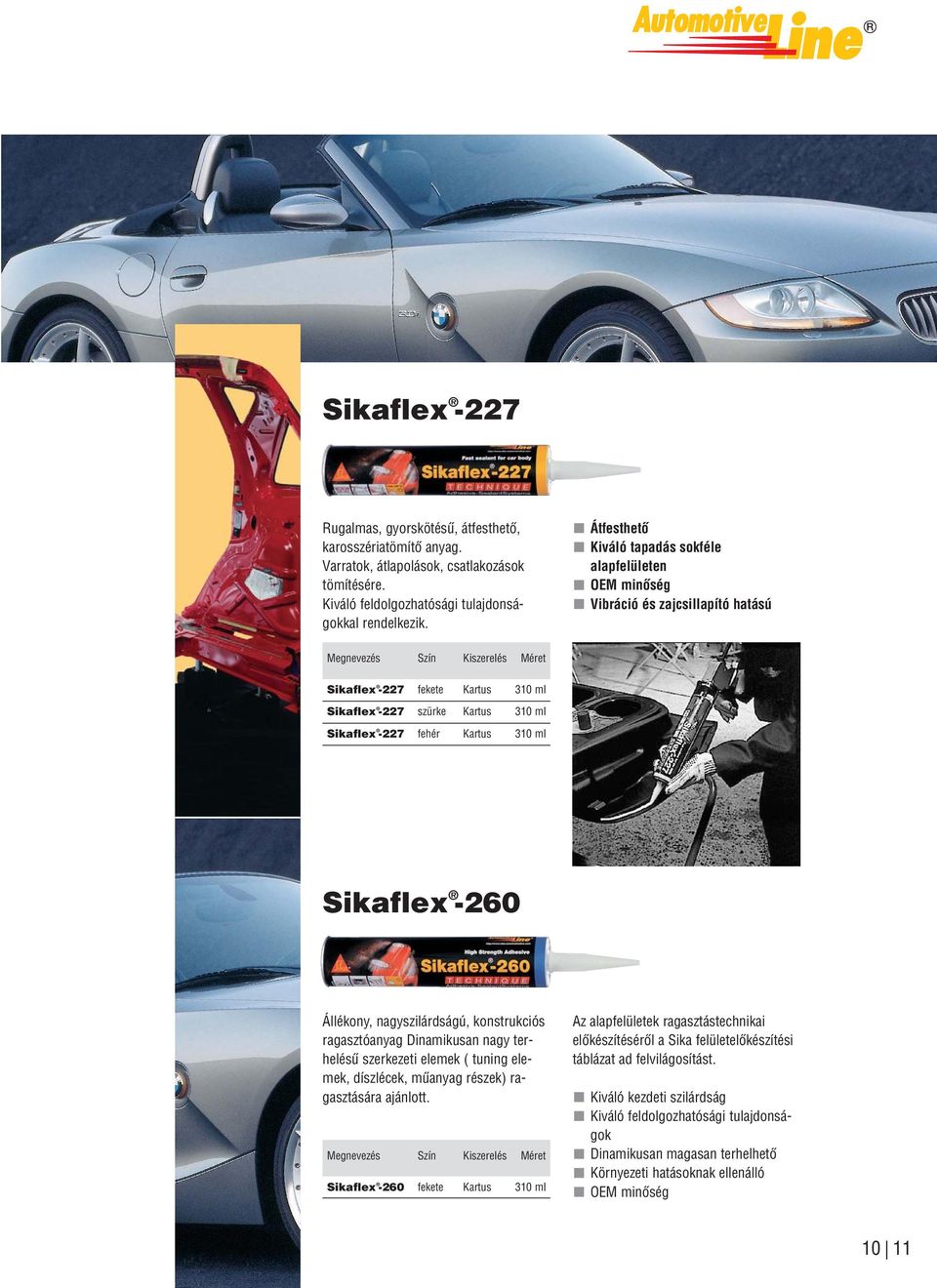 Sikaflex -227 fehér Kartus 310 ml Sikaflex -260 Állékony, nagyszilárdságú, konstrukciós ragasztóanyag Dinamikusan nagy terhelésû szerkezeti elemek ( tuning elemek, díszlécek, mûanyag részek)