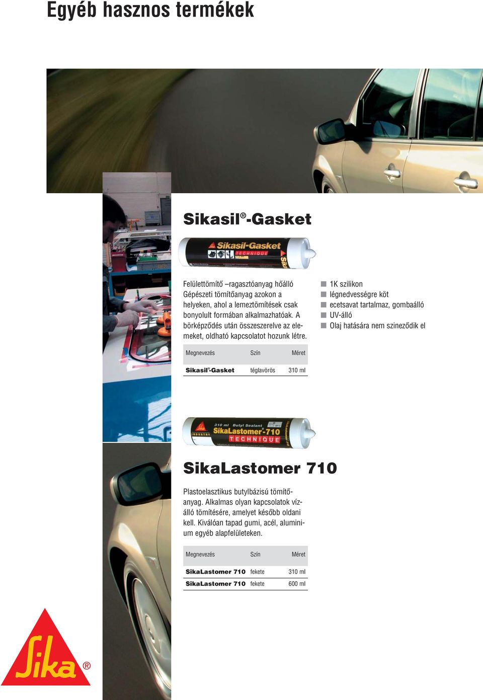 1K szilikon légnedvességre köt ecetsavat tartalmaz, gombaálló UV-álló Olaj hatására nem szinezôdik el Megnevezés Szín Méret Sikasil -Gasket téglavörös 310 ml SikaLastomer