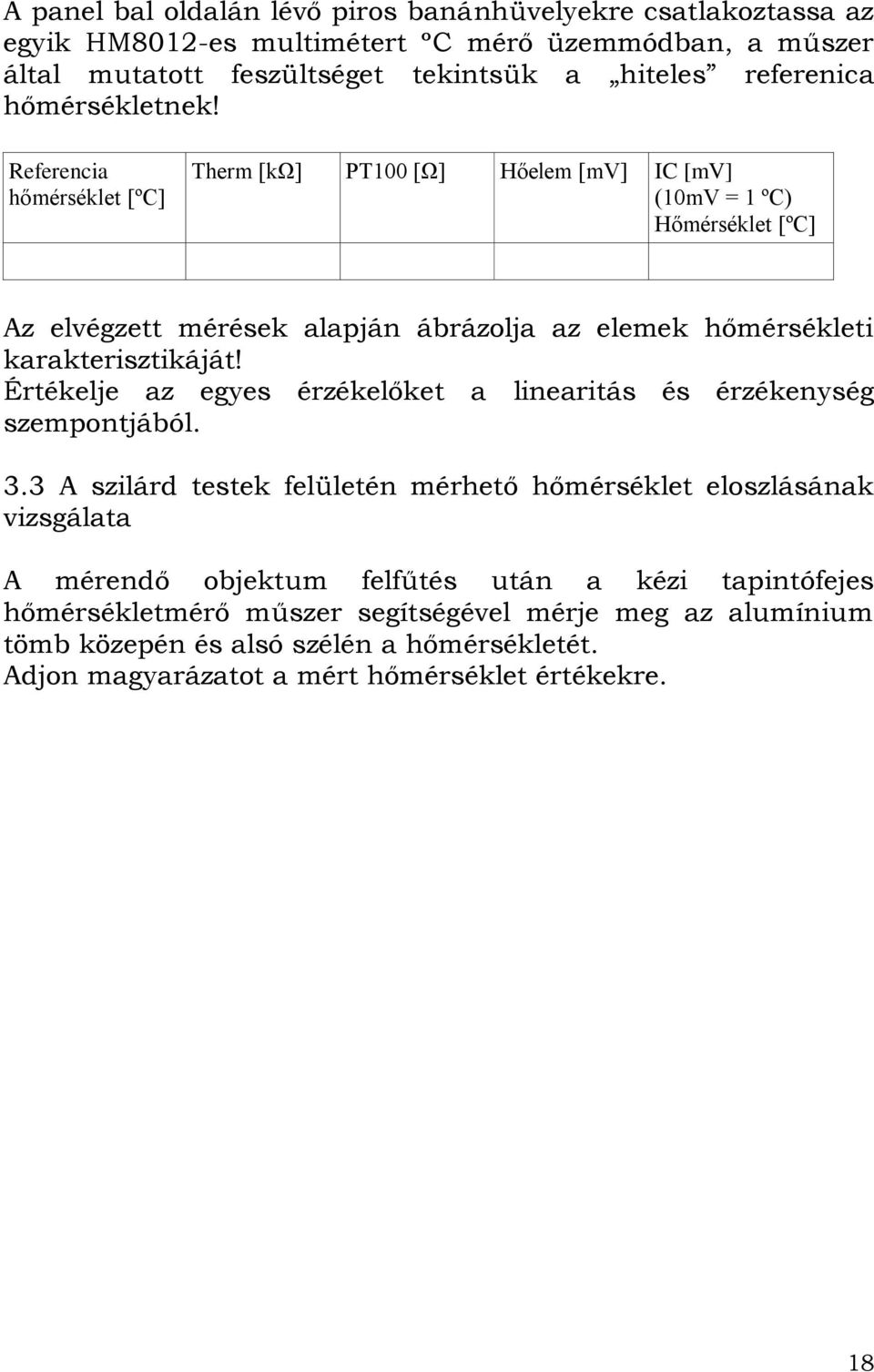 Referencia hőmérséklet [ºC] Therm [kω] PT100 [Ω] Hőelem [mv] IC [mv] (10mV = 1 ºC) Hőmérséklet [ºC] Az elvégzett mérések alapján ábrázolja az elemek hőmérsékleti karakterisztikáját!