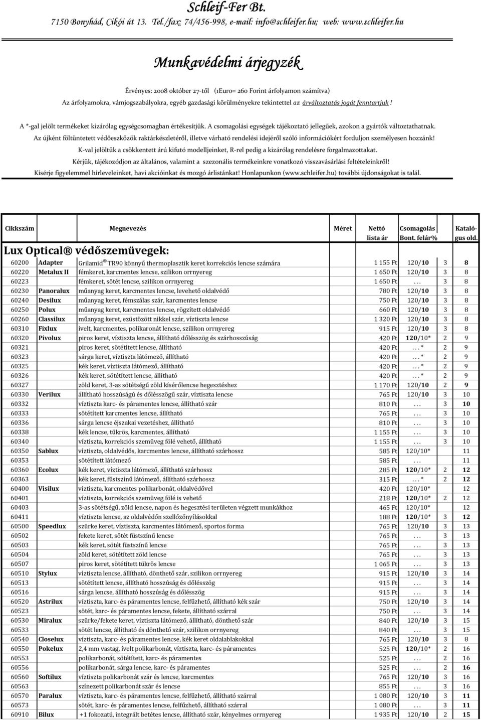 Munkavédelmi árjegyzék - PDF Ingyenes letöltés