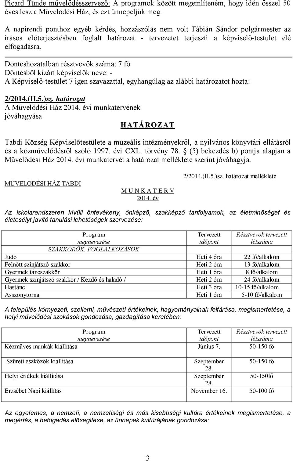 Döntéshozatalban résztvevők száma: 7 fő Döntésből kizárt képviselők neve: - A Képviselő-testület 7 igen szavazattal, egyhangúlag az alábbi határozatot hozta: 2/2014.(II.5.)sz.
