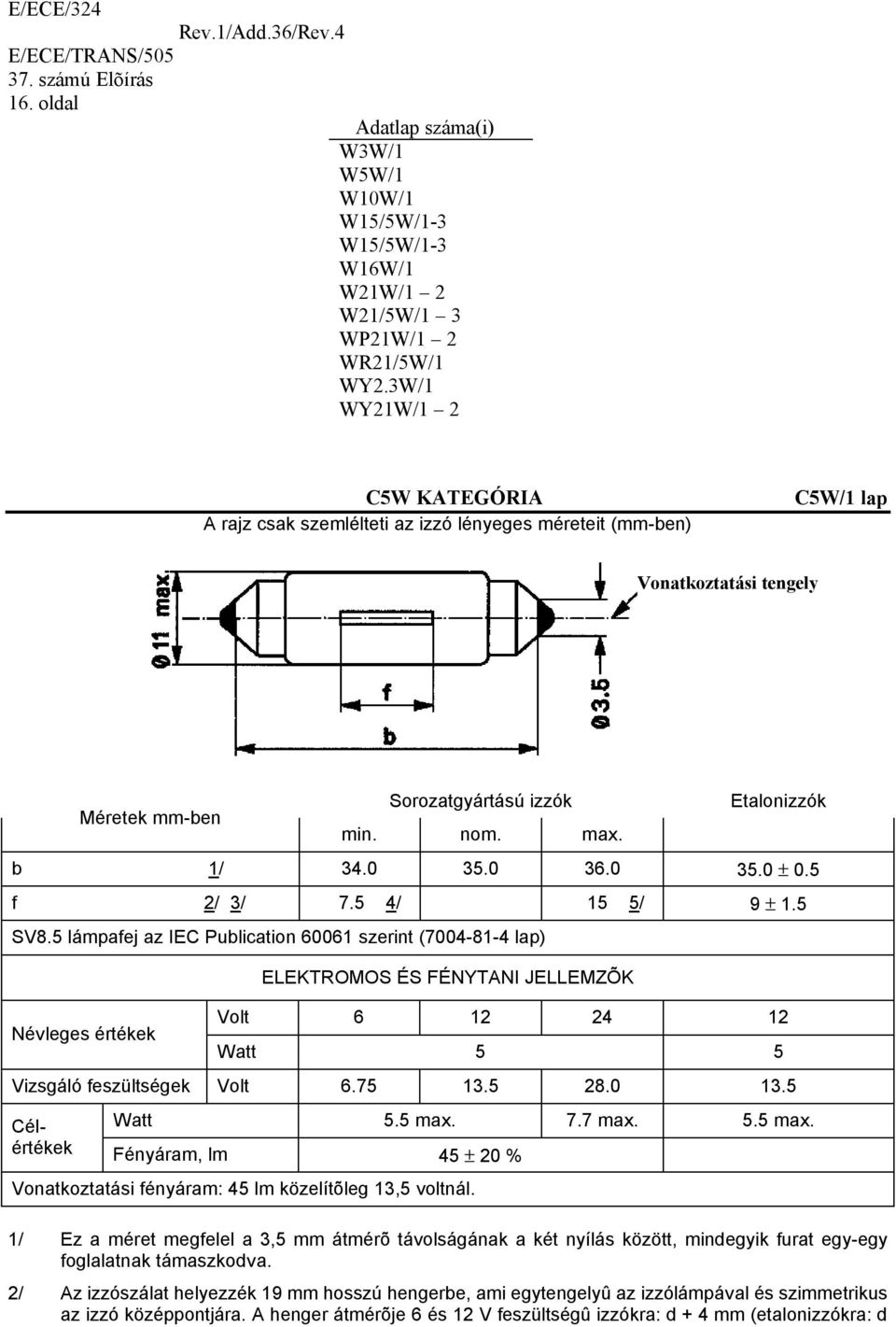 5 f 2/ 3/ 7.5 4/ 15 5/ 9 ± 1.5 SV8.5 lámpafej az IEC Publication 60061 szerint (7004-81-4 lap) Névleges értékek ELEKTROMOS ÉS FÉNYTANI JELLEMZÕK Volt 6 12 24 12 Watt 5 5 Vizsgáló feszültségek Volt 6.