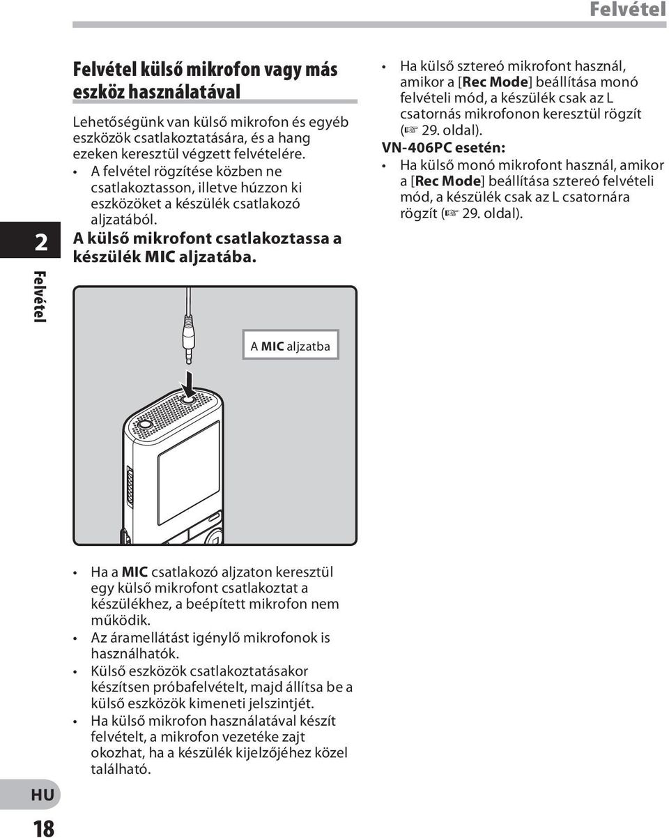 Ha külső sztereó mikrofont használ, amikor a [Rec Mode] beállítása monó felvételi mód, a készülék csak az L csatornás mikrofonon keresztül rögzít ( 29. oldal).