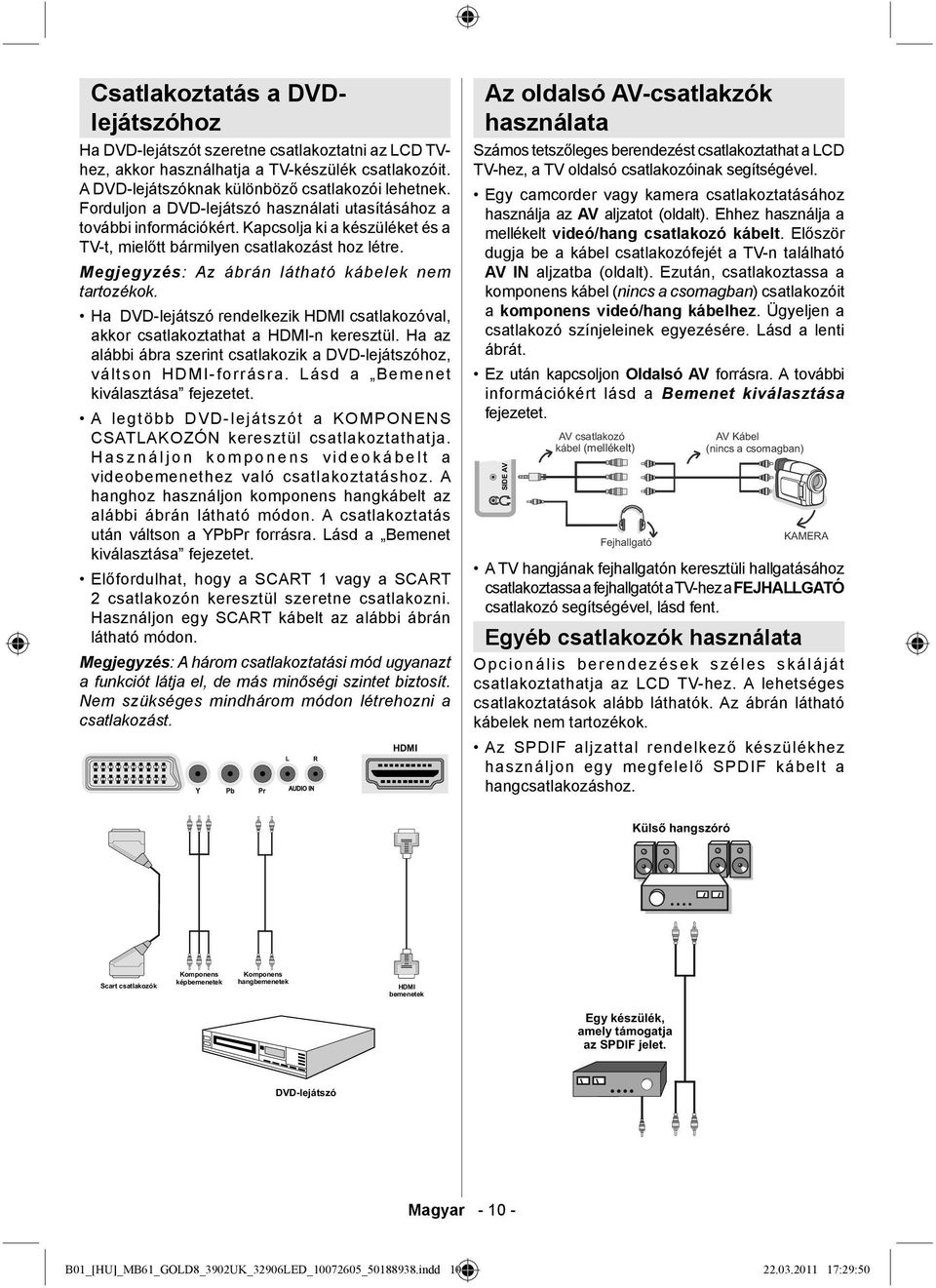 Megjegyzés: Az ábrán látható kábelek nem tartozékok. Ha DVD-lejátszó rendelkezik HDMI csatlakozóval, akkor csatlakoztathat a HDMI-n keresztül.