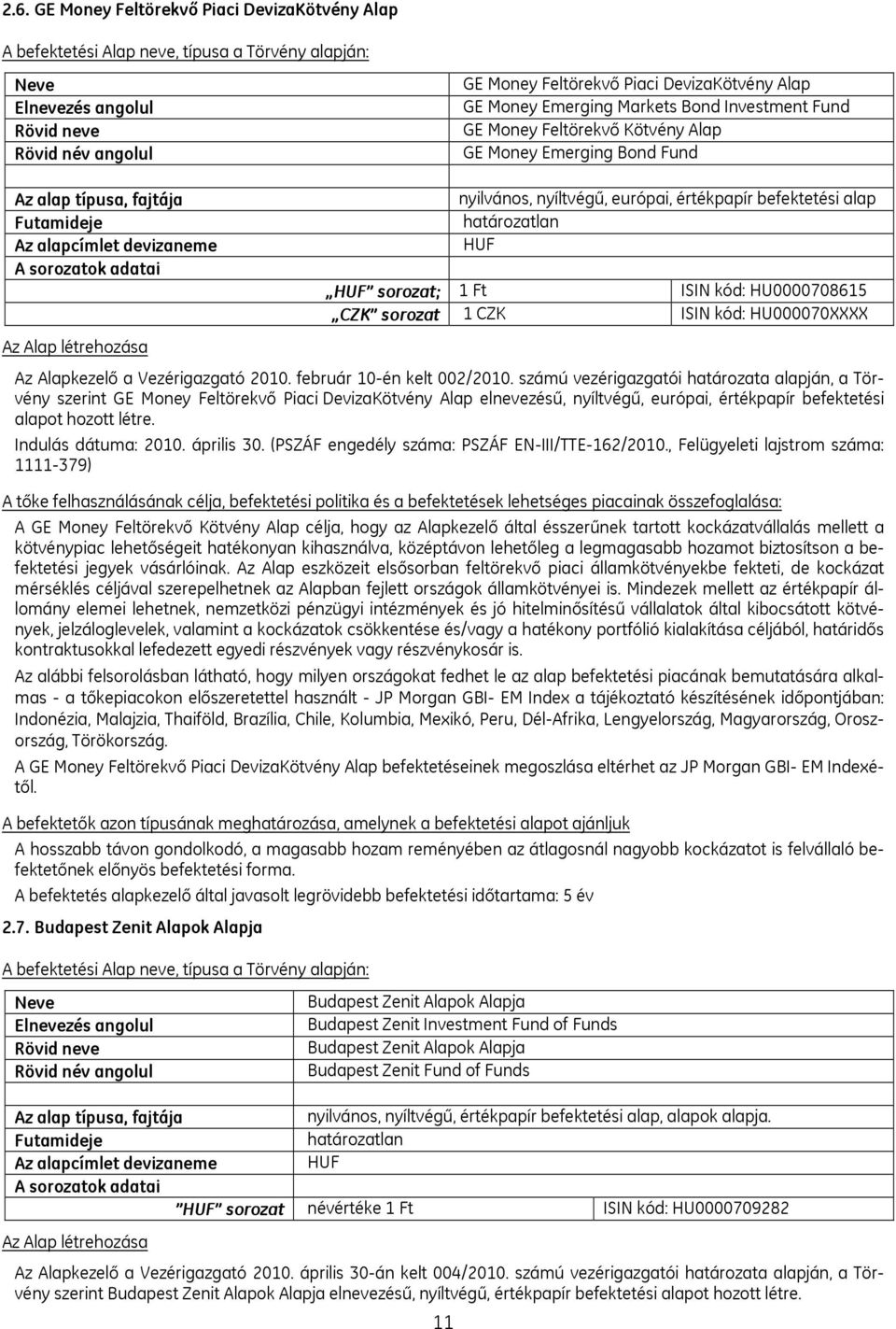 létrehozása 11 nyilvános, nyíltvégű, európai, értékpapír befektetési alap határozatlan HUF HUF sorozat; 1 Ft ISIN kód: HU0000708615 CZK sorozat 1 CZK ISIN kód: HU000070XXXX Az Alapkezelő a