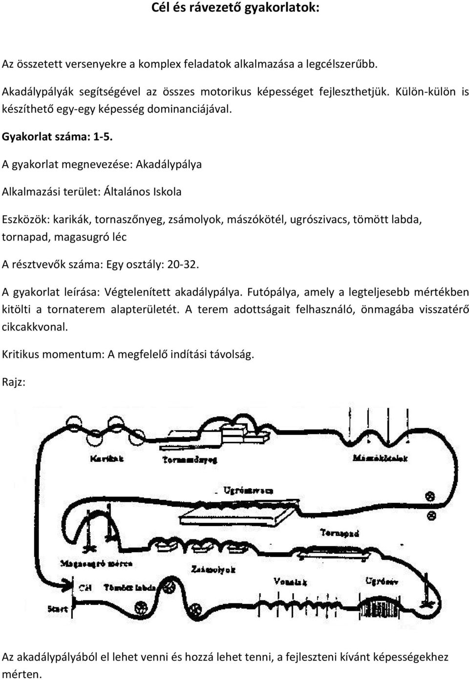 A gyakorlat megnevezése: Akadálypálya Eszközök: karikák, tornaszőnyeg, zsámolyok, mászókötél, ugrószivacs, tömött labda, tornapad, magasugró léc A gyakorlat leírása: Végtelenített