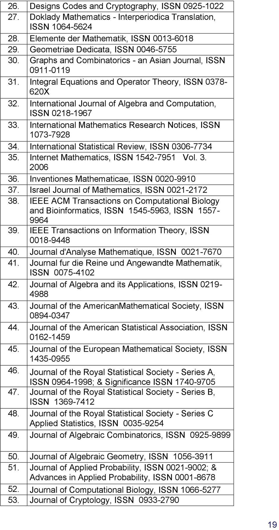 International Journal of Algebra and Computation, ISSN 0218-1967 33. International Mathematics Research Notices, ISSN 1073-7928 34. International Statistical Review, ISSN 0306-7734 35.