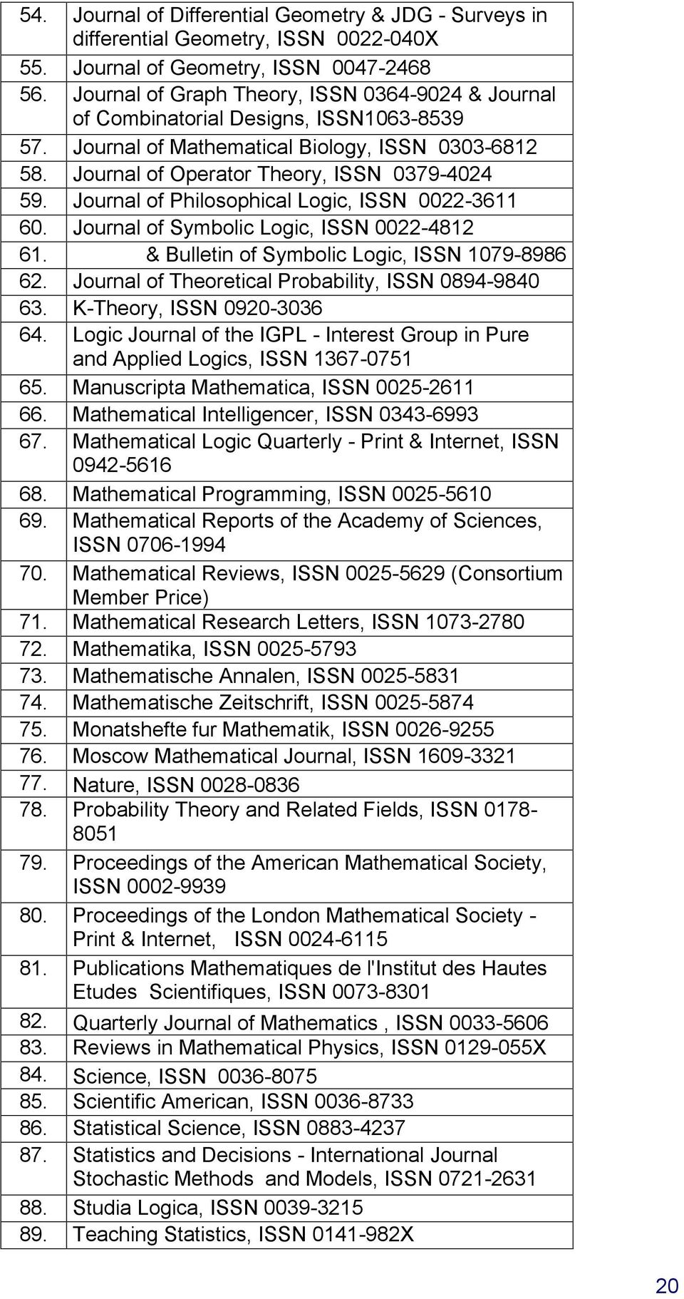 Journal of Philosophical Logic, ISSN 0022-3611 60. Journal of Symbolic Logic, ISSN 0022-4812 61. & Bulletin of Symbolic Logic, ISSN 1079-8986 62. Journal of Theoretical Probability, ISSN 0894-9840 63.