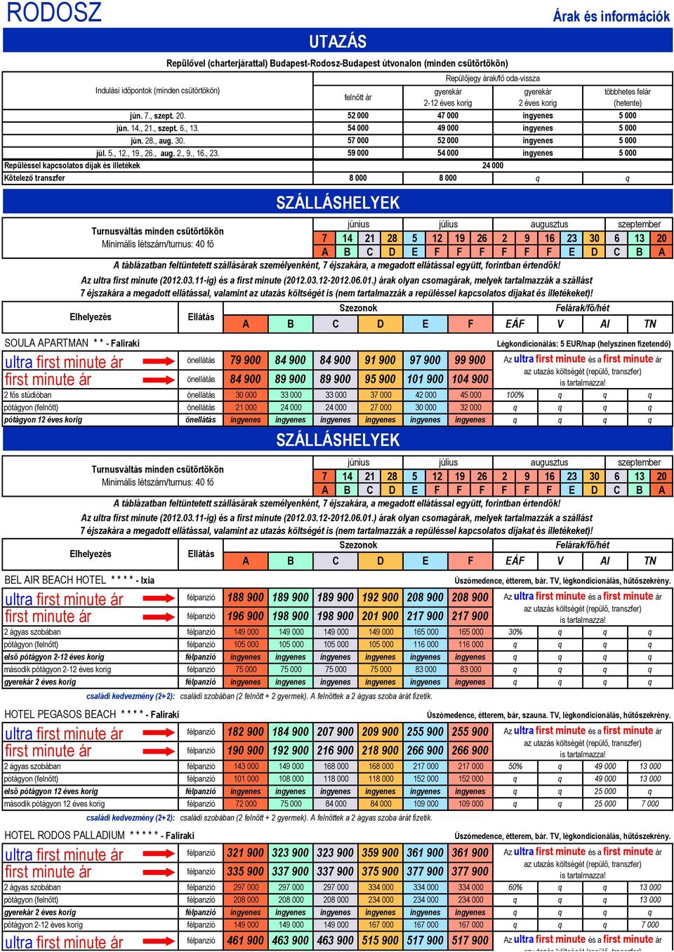 59 000 54 000 Repüléssel kapcsolatos díjak és illetékek 24 000 Kötelező transzfer 8 000 8 000 SOULA APARTMAN * * - Faliraki first minute ár 2 fős stúdióban pótágyon (felnőtt) pótágyon 12 éves korig