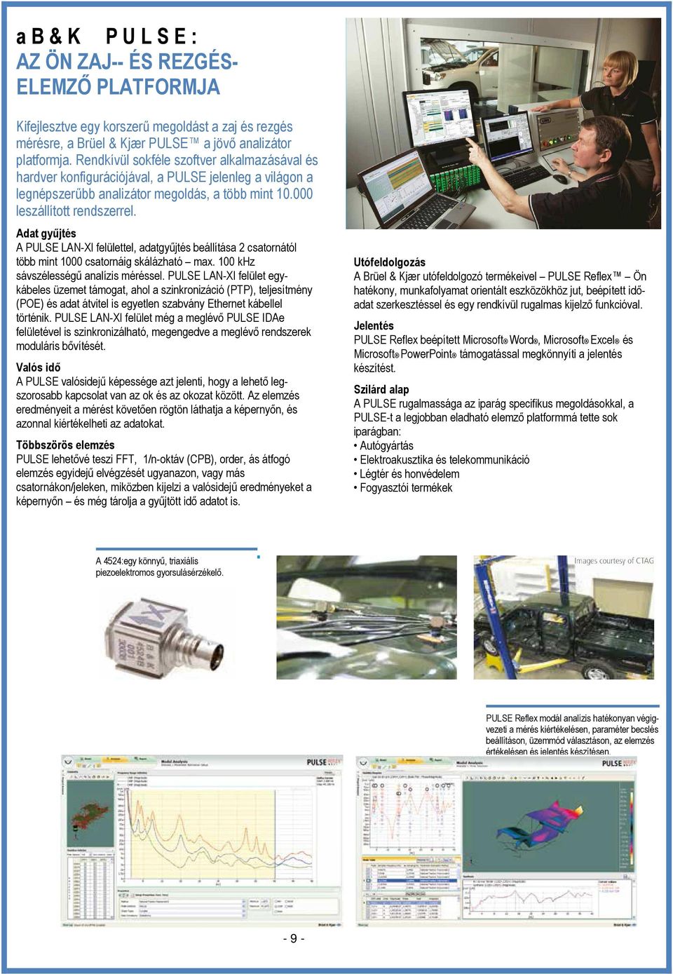 Adat győjtés A PULSE LAN-XI felülettel, adatgyőjtés beállítása 2 csatornától több mint 1000 csatornáig skálázható max. 100 khz sávszélességő analízis méréssel.