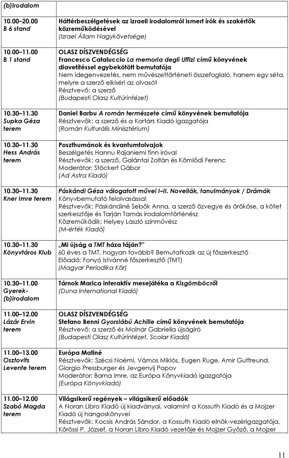 könyvének diavetítéssel egybekötött bemutatója Nem idegenvezetés, nem mővészettörténeti összefoglaló, hanem egy séta, melyre a szerzı elkíséri az olvasót Résztvevı: a szerzı (Budapesti Olasz