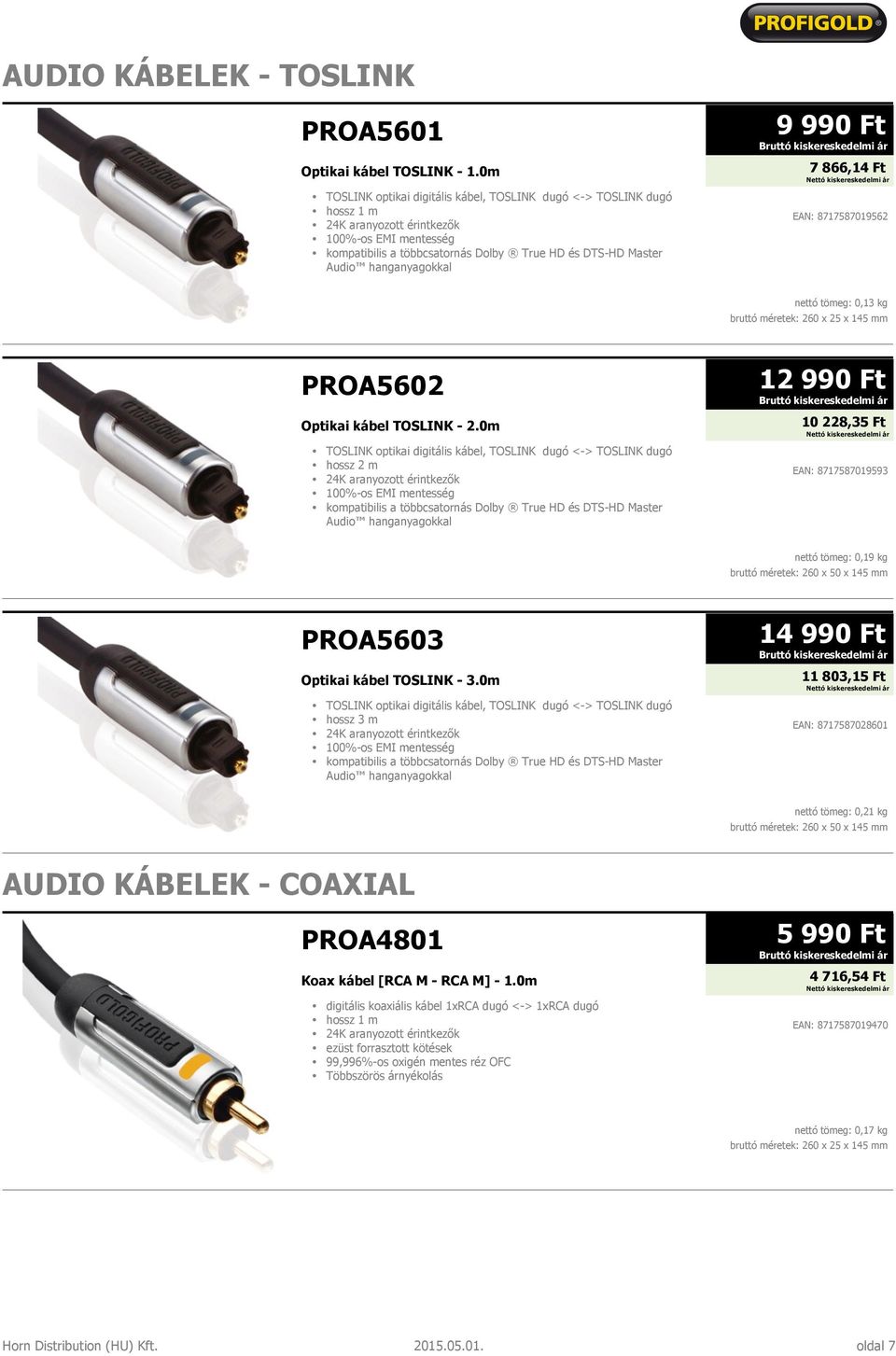 EAN: 8717587019562 nettó tömeg: 0,13 kg PROA5602 Optikai kábel TOSLINK - 2.